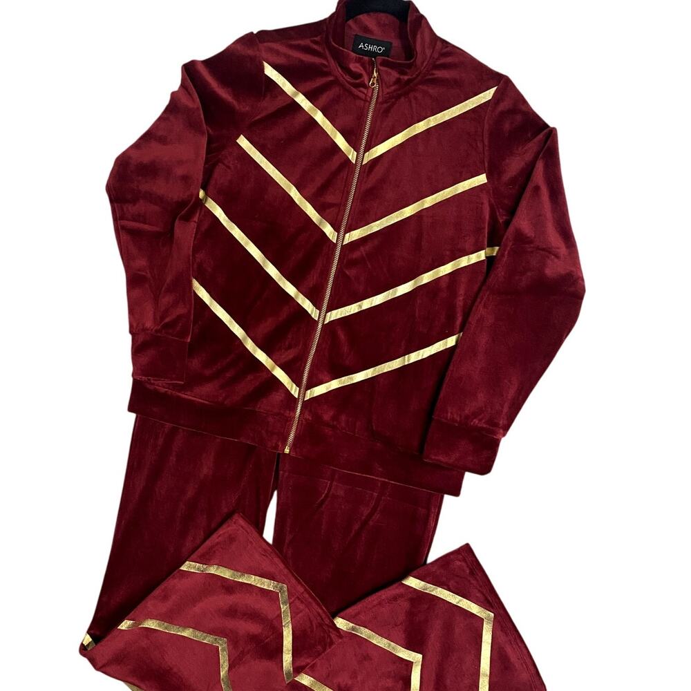 Ashro Velvet Pant Suit Womens M Red/Gold‎ Striped Loose Wide Leg Formal Party